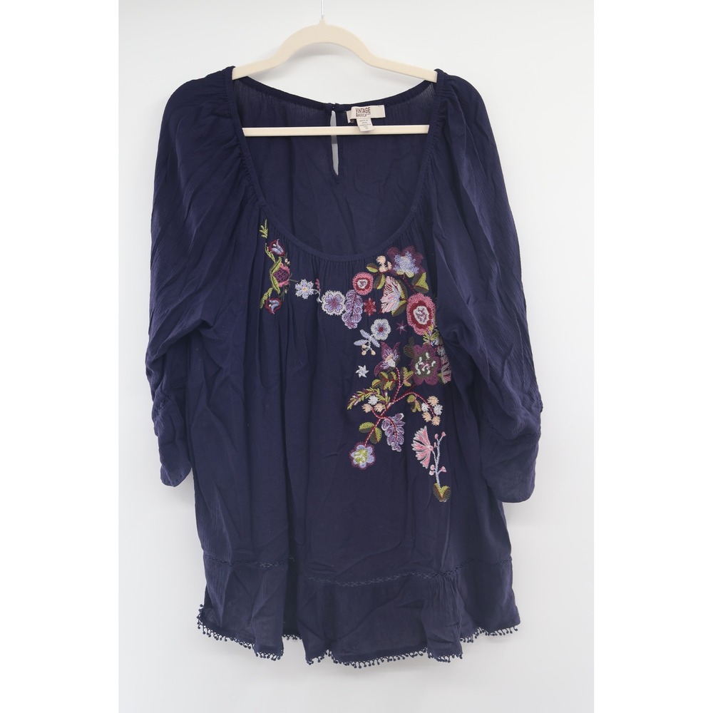 Vintage America Plus 3X Navy Embroidered Boho Peasant Blouse